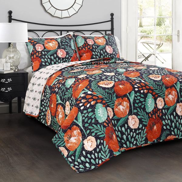 【貨物輸送無料】 日本未入荷ブランド名 Lush Decor 混雑時・デ電話を掛ける Poppy Garden リバーシブルベッドカバーセット（Navy） ベッドスプレッド ベット取りまかなう 布団取りまかなう うつり変わり