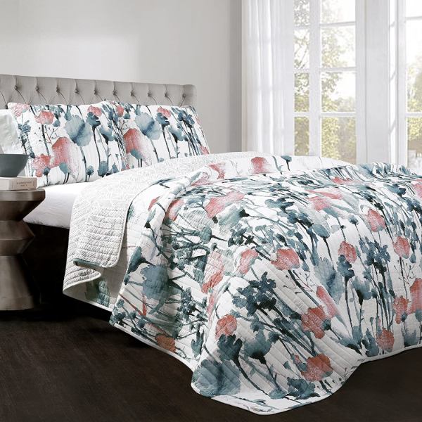【貨物輸送無料】 日本未入荷ブランド名 Lush Decor 混雑時・デ電話を掛ける Zuri Flora リバーシブルベッドカバーセット（Blue \u0026 Coral） ベッドスプレッド ベット取りまかなう 布団取りまかなう