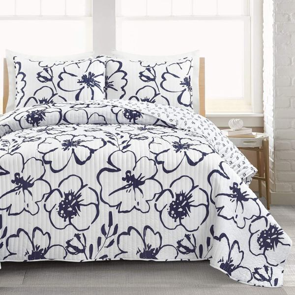 【貨物輸送無料】 日本未入荷ブランド名 Lush Decor 混雑時・デ電話を掛ける Scandinavian Floral リバーシブルベッドカバーセット（Navy \u0026 White） ベッドスプレッド ベット取りまかなう
