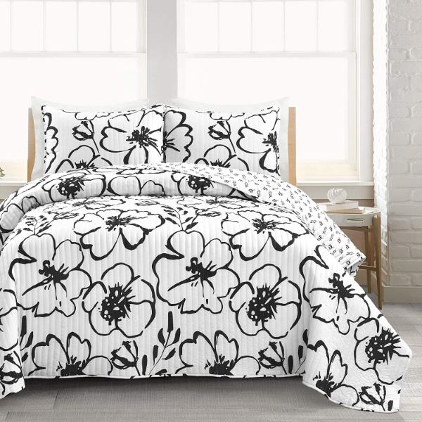 【貨物輸送無料】 日本未入荷ブランド名 Lush Decor 混雑時・デ電話を掛ける Scandinavian Floral リバーシブルベッドカバーセット（Black \u0026 White） ベッドスプレッド ベット取りまかなう