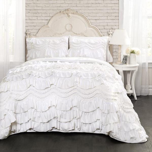 【貨物輸送無料】 日本未入荷ブランド名 Lush Decor 混雑時・デ電話を掛ける Kemmy Quilt-Ruffled Textured リバーシブルベッドカバーセット（White） ベッドスプレッド ベット取りまかなう