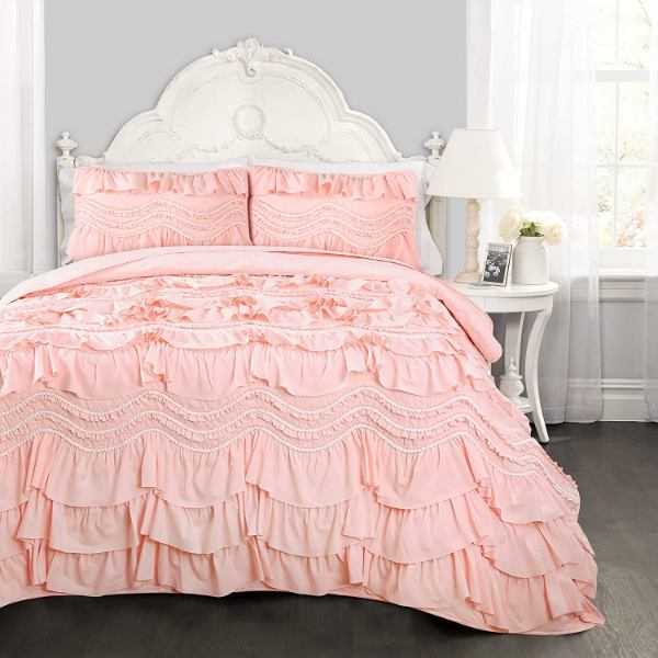 【貨物輸送無料】 日本未入荷ブランド名 Lush Decor 混雑時・デ電話を掛ける Kemmy Quilt-Ruffled Textured リバーシブルベッドカバーセット（Peach/Blush） ベッドスプレッド