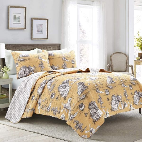【貨物輸送無料】 日本未入荷ブランド名 Lush Decor 混雑時・デ電話を掛ける French Country Toile リバーシブルベッドカバーセット（Yellow \u0026 Gray） ベッドスプレッド ベット取りまかなう