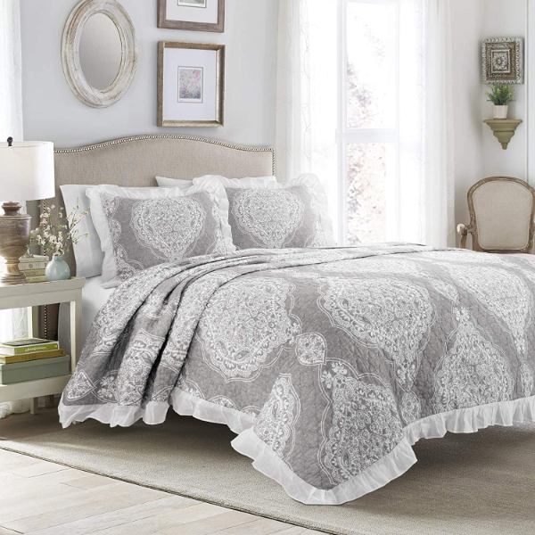 【貨物輸送無料】 日本未入荷ブランド名 Lush Decor 混雑時・デ電話を掛ける Lucianna Ruffle Edge リバーシブルベッドカバーセット（Gray） ベッドスプレッド ベット取りまかなう 布団取りまかなう