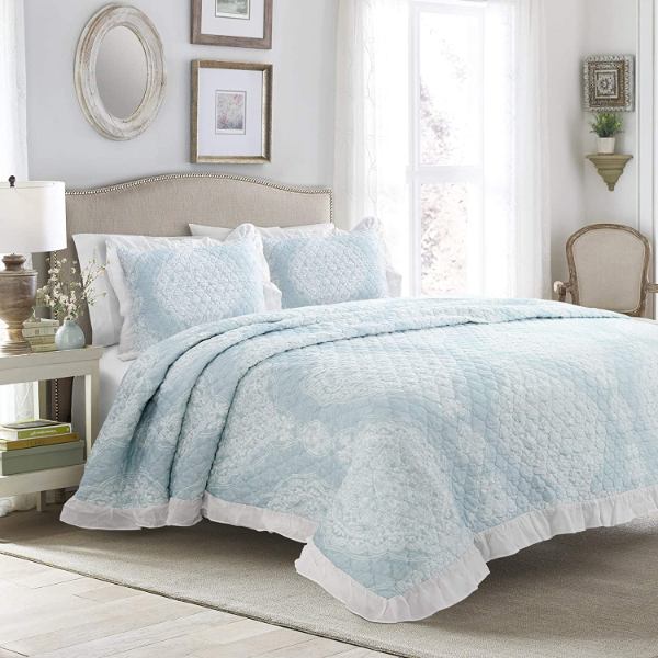 【貨物輸送無料】 日本未入荷ブランド名 Lush Decor 混雑時・デ電話を掛ける Lucianna Ruffle Edge リバーシブルベッドカバーセット（Blue） ベッドスプレッド ベット取りまかなう 布団取りまかなう