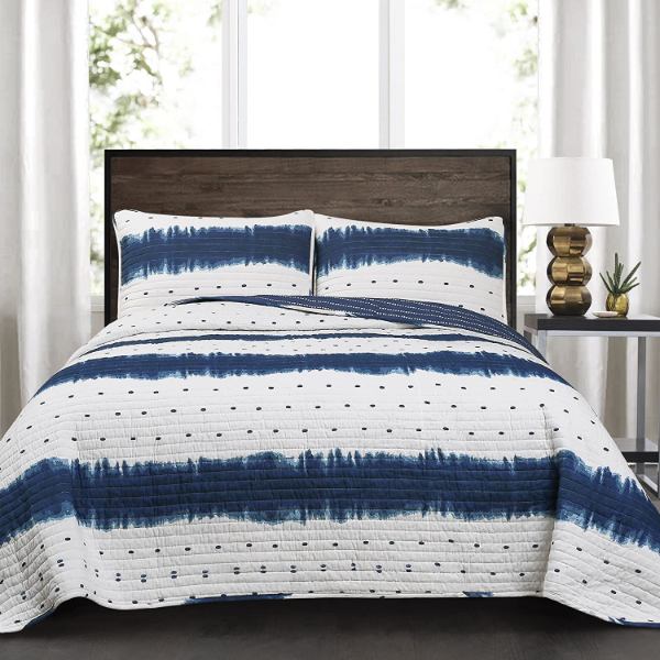 【貨物輸送無料】 日本未入荷ブランド名 Lush Decor 混雑時・デ電話を掛ける Jane Shibori Polka Dot Stripe リバーシブルベッドカバーセット（Navy） ベッドスプレッド ベット取りまかなう