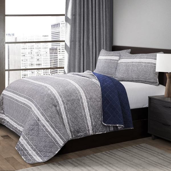 【貨物輸送無料】 日本未入荷ブランド名 Lush Decor 混雑時・デ電話を掛ける Martlon Stripe リバーシブルベッドカバーセット（Gray） ベッドスプレッド ベット取りまかなう 布団取りまかなう うつり変わり
