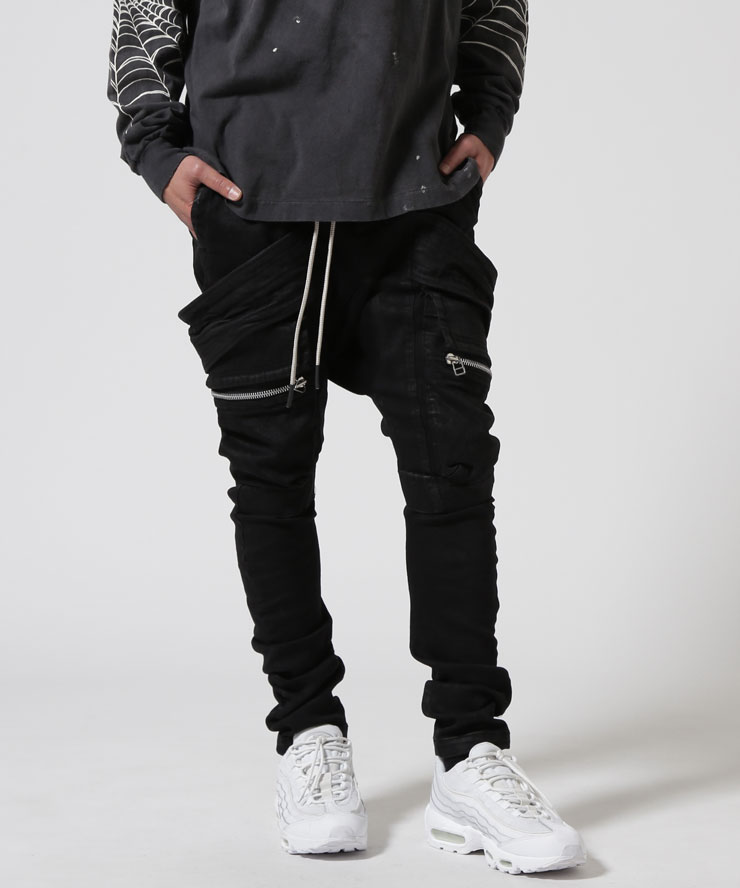【RoyalFlash】A.F ARTEFACT/エーエフ・アーティファクト/DENIM COATING CARGO SAROUEL PANTS カーゴサルエルスキニーパンツ デニム 樹脂コーティング ストレッチ メンズ レディース ブラック 黒 010 新作 即納 正規取扱店｜US ONLINE 店