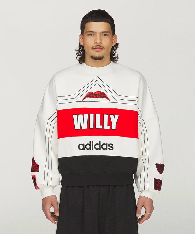 【GARDEN】adidas &times; WILLY CHAVARRIA / アディダス &times; ウィリーチャバリア / WC NY BALL CREW コラボ クルーネック スウェット トレーナー オーバーサイズ 長袖 厚手 パッチ ワッペン 配色 切替 白 赤 黒 ストリート Y2K スポーツミックス ユニセックス メンズ レディース｜US ONLINE 店