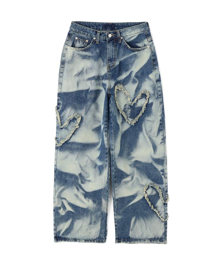 【LHP】SIS/エスアイエス/Heart Bleach Denim Pants/ ハート ブリーチ デニムパンツ フリンジハートモチーフ ウォッシュ加工 ワイドシルエット Y2K 韓国ストリート ブルー ブラック ユニセックス 青 黒 国内正規品｜US ONLINE 店