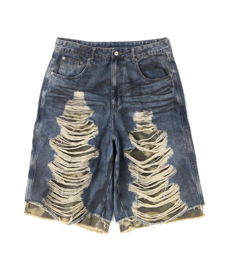 【LHP】NOT4NERD/ノットフォーナード/Camo Layered Distressed Bermuda Denim Pants デニム ショーツ ハーフ パンツ カモフラ 迷彩 レヤード クラッシュ ダメージ ワイド 韓国 メンズ レディース ブルー カーキ 正規取扱店|US ONLINE 店