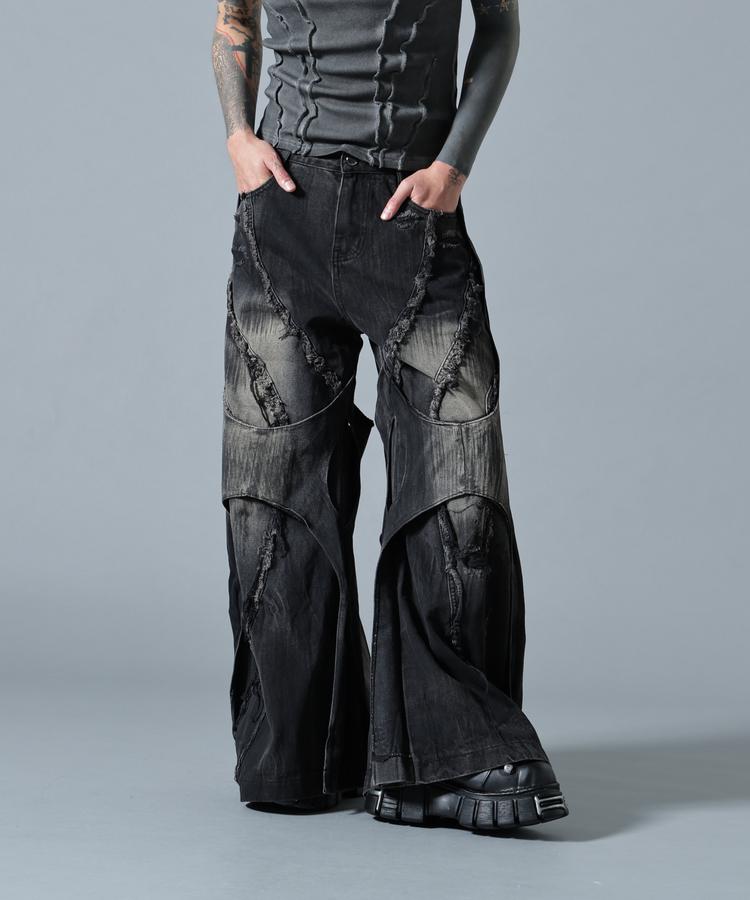 【LHP】MAVYTH/メヴィス/SHADOW VEIN BAGGY JEANS/ パンツ シャドーベインバギーデニムパンツ ジーンズ パネル切替 フリンジ ダメージ加工 ウォッシュ加工 スーパーワイドシルエット ブラック 黒系 メンズ レディース ユニセックス 国内正規品｜US ONLINE 店