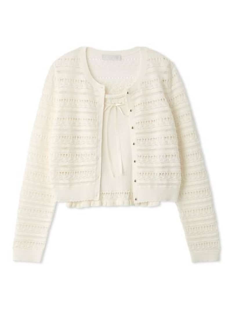 【洗える】レーシーニットアンサンブル CELFORD セルフォード トップス カーディガン レッド ホワイト【送料無料】[ Fashion]