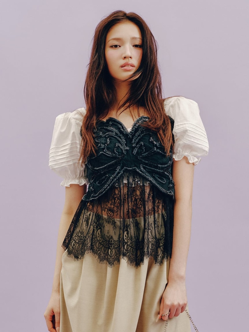 【LILY BROWN×ANNA SUI】バタフライレースデニムビスチェトップス LILY BROWN リリー赤銅色 トップス 余分の物のトップス 黒いこと 赤銅色【此れから取っておく】*【貨物輸送無料】[ Fashion]