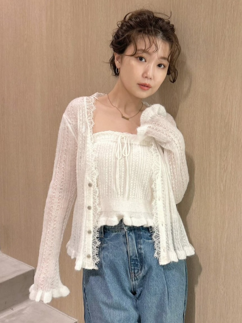 レーストリムニットアンサンブル LILY BROWN リリー赤銅色 トップス 編み物 サクラ色 白いこと 薄墨色【貨物輸送無料】[ Fashion] レディースファッション-セーター