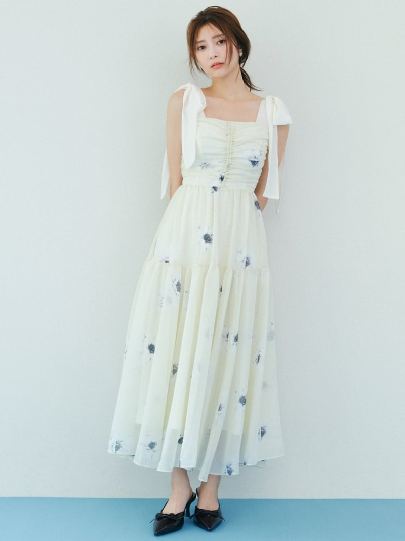 【SALE／50%OFF】【FLOWER COLLECTION】プリントショルダーリボンワンピース SNIDEL スナイデル ワンピース・ドレス ワンピース ネイビー イエロー【RBA_E】【送料無料】[ Fashion]
