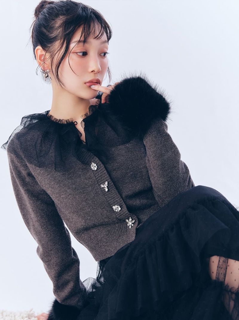新品】伊太利屋 ファー襟のニットカーディガン 7号 伊太利屋 ファー襟