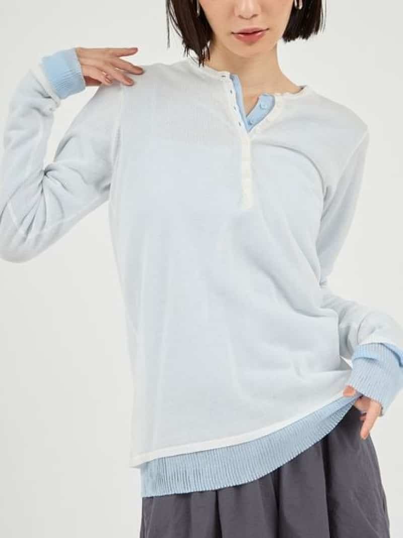 【仕掛ける箇条】eco ヘンリーネックレイヤードニットトップス emmi エミ トップス 編み物 薄墨色 ベージュ 白いこと【貨物輸送無料】[ Fashion] トップス-セーター