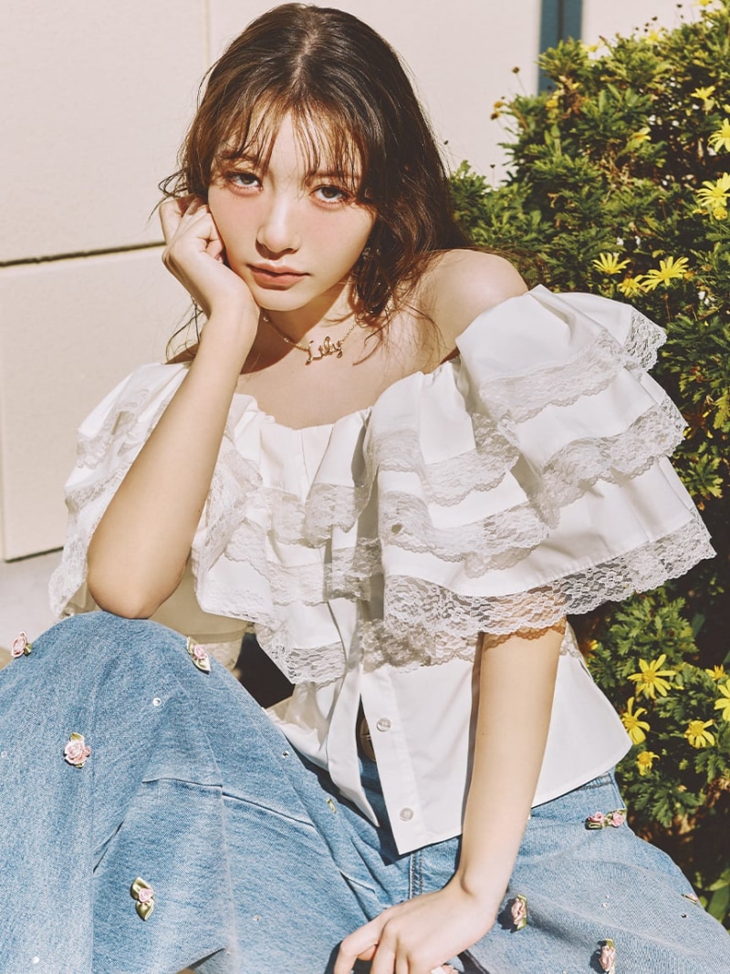 ボリュームフリルオフショル2wayブラウス LILY BROWN リリーブラウン トップス シャツ・ブラウス ネイビー グリーン ホワイト【送料無料】[ Fashion]