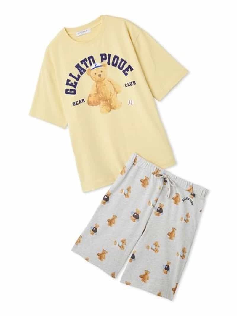 【SALE／30%OFF】【ONLINE限定】【HOMME】スポーティーベアワンポイントTシャツ&総柄ハーフパンツセット gelato pique ジェラートピケ トップス カットソー・Tシャツ イエロー【RBA_E】【送料無料】[ Fashion]