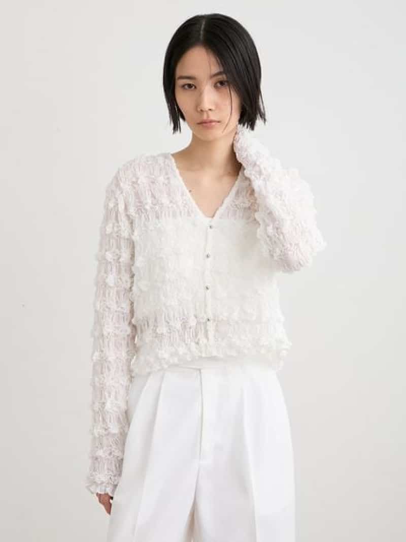シャーリングVネックカーデ MIESROHE ミースロエ トップス ニット ホワイト イエロー【送料無料】[ Fashion]