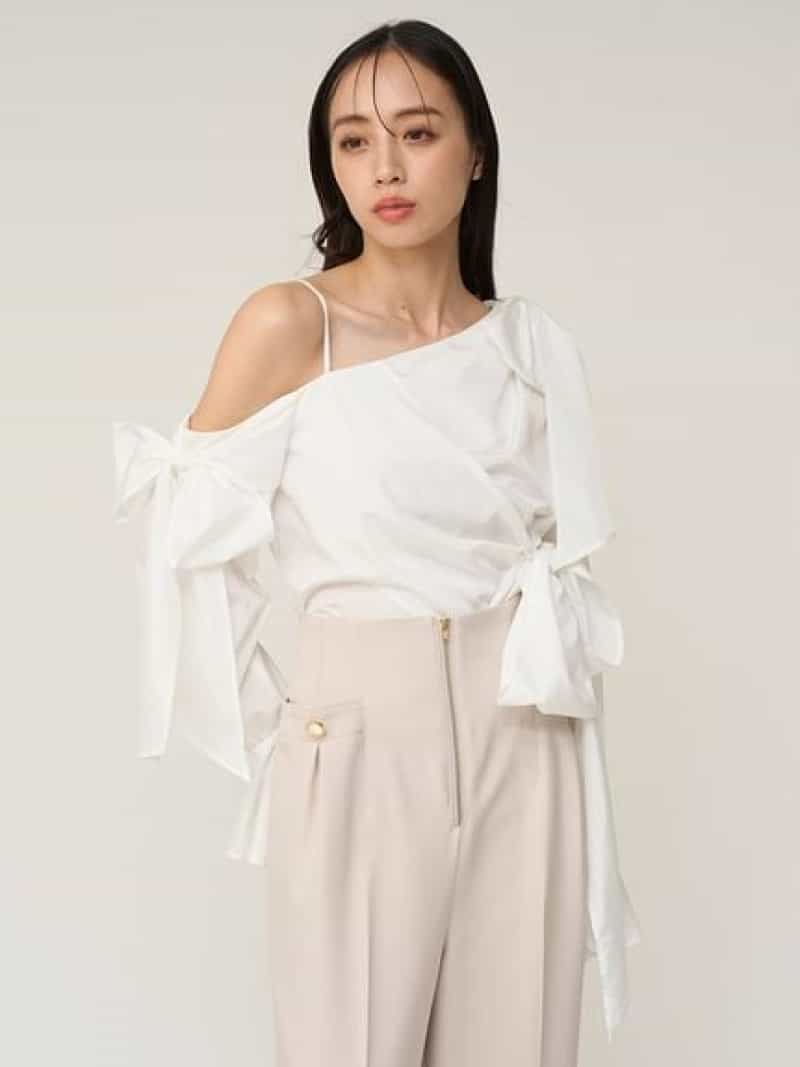 リボンデザインブラウス SNIDEL スナイデル トップス シャツ・ブラウス ホワイト グレー【送料無料】[ Fashion]
