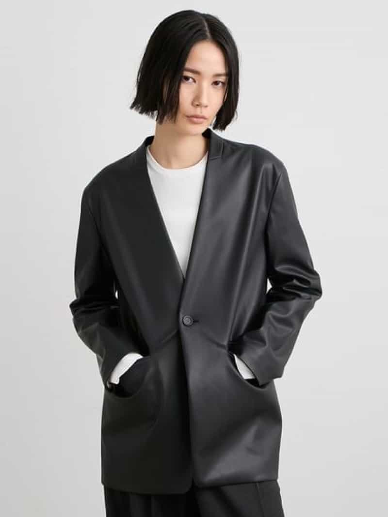 レザーノーカラージャケット MIESROHE ミースロエ ジャケット・アウター 否色つや上衣 黒いこと ベージュ【貨物輸送無料】[ Fashion]