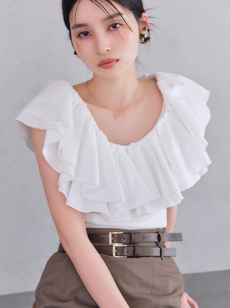 【SALE／50%OFF】デコルテフリルカットトップス LILY BROWN リリーブラウン トップス カットソー・Tシャツ ブラック グレー ホワイト【RBA_E】【送料無料】[ Fashion]