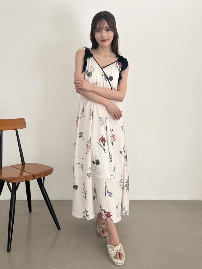 肩リボンプリントロングワンピース SNIDEL HOME スナイデルホーム ワンピース・ドレス その他のワンピース・ドレス ネイビー イエロー【送料無料】[ Fashion]