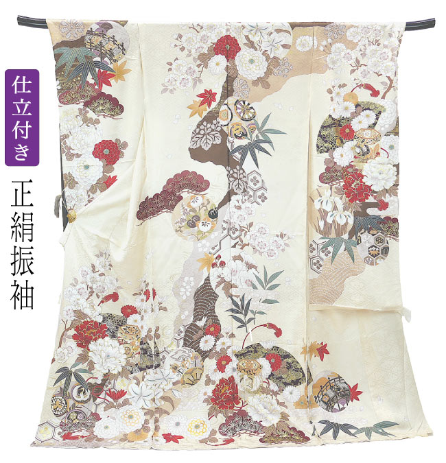 【y0626】Ｓ大きいサイズお仕立て上がり正絹振袖　多色地に花、御所車模様 y0626】S大きいサイズお仕立て上がり正絹振袖 多色地に花