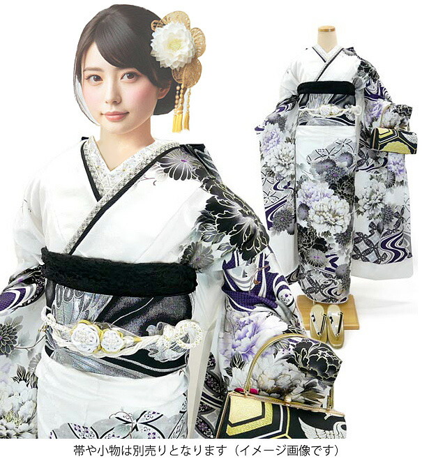 【セール】 仕立付き 正絹振袖単品 白色 くすみ色　松竹梅　牡丹 　絹100% f-218-t　 成人式 新品購入