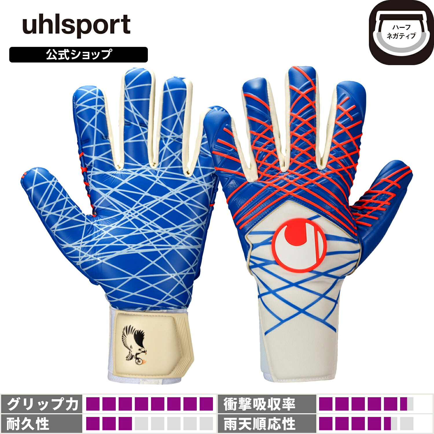 【ポイント5倍】【公式】 uhlsport ( ウールシュポルト ) | プレディクション ウルトラグリップ ハーフネガティブ メニャン | 7 ～ 10号 ホワイト x ロイヤル ｘ フローレッド 101132812-01 GKグローブ キーパーグローブ｜USB Online 店