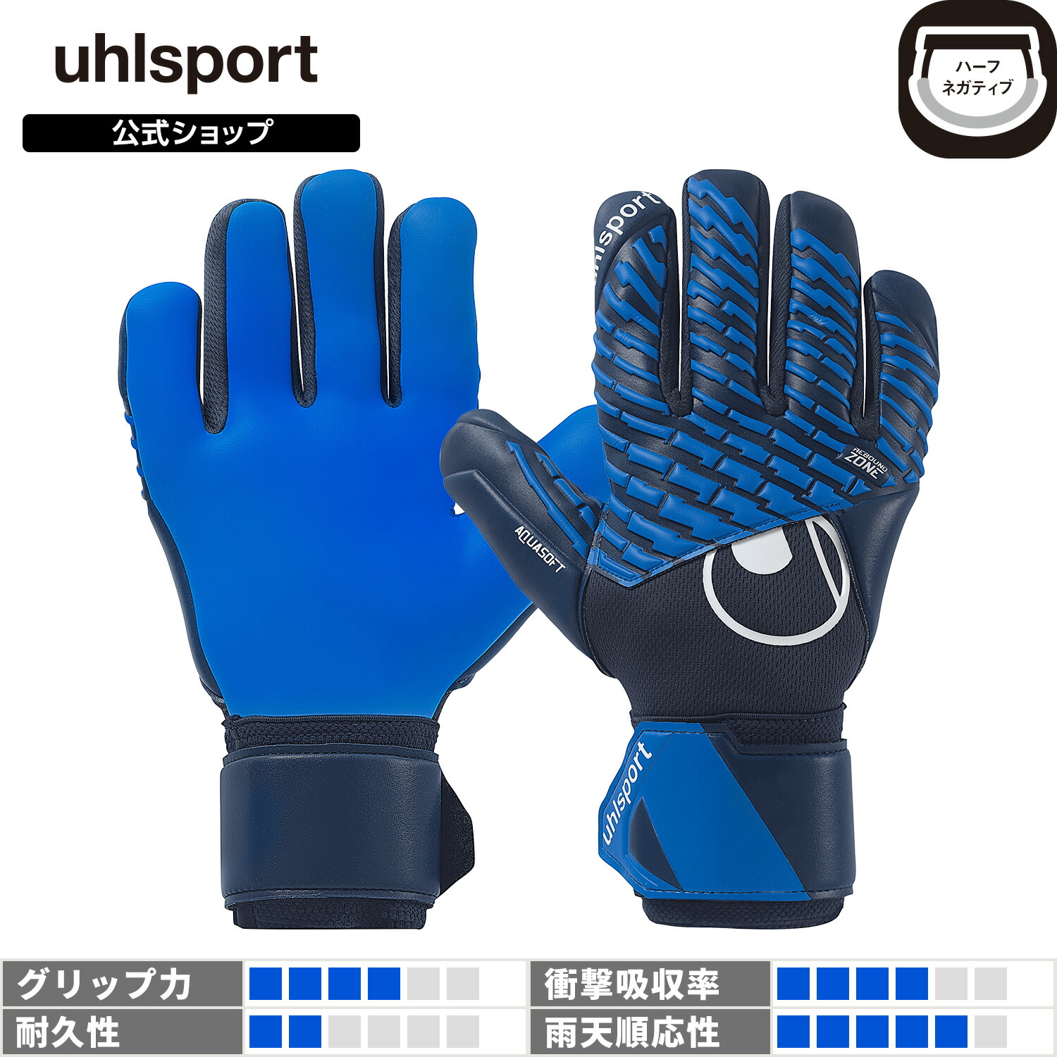 【公式】 uhlsport ( ウールシュポルト ) | ウールシュポルト アクアソフト ハーフネガティブ | 7 ~ 10号 ネイビーｘパシフィックブルーｘホワイト 1011386-01 GKグローブ キーパーグローブ
