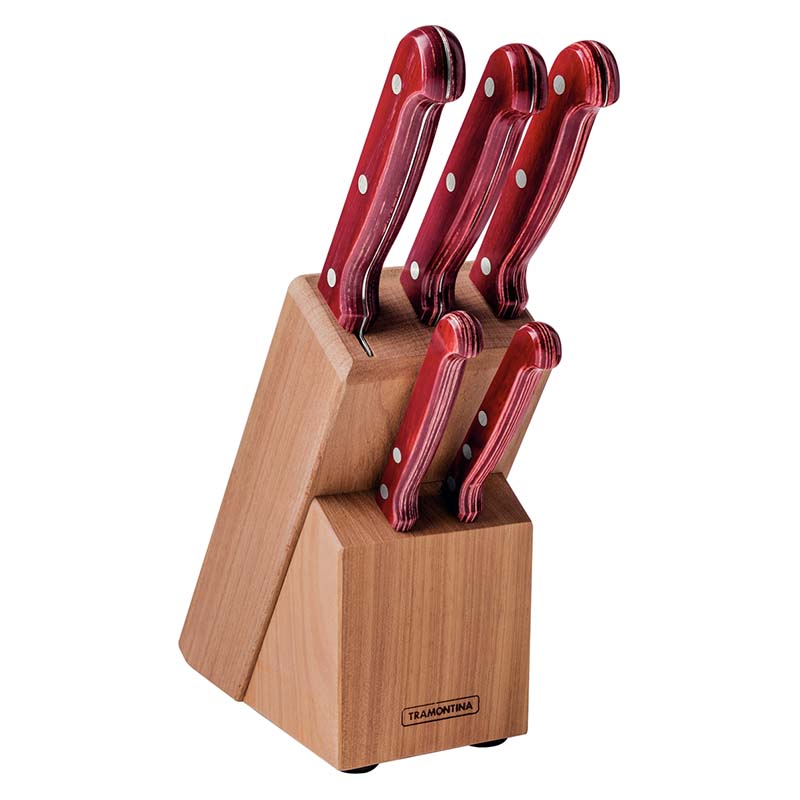 包丁 ナイフ5本セット 木製ストッカー付 レッド 21199/783 ナイフ セット キッチンツール カトラリー BBQ シュラスコ ポリウッド トラモンティーナ 福KD｜プラスワイズ ホームセンター店