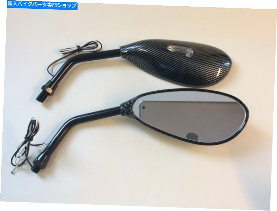 Mirror ペアカーボンルックユニバーサル10mmのティアドロップオートバイミラーLEDインジケータ Pair Carbon Look Universal 10mm Teardrop Motorcycle Mirrors with LED Indicators【並行輸入品】