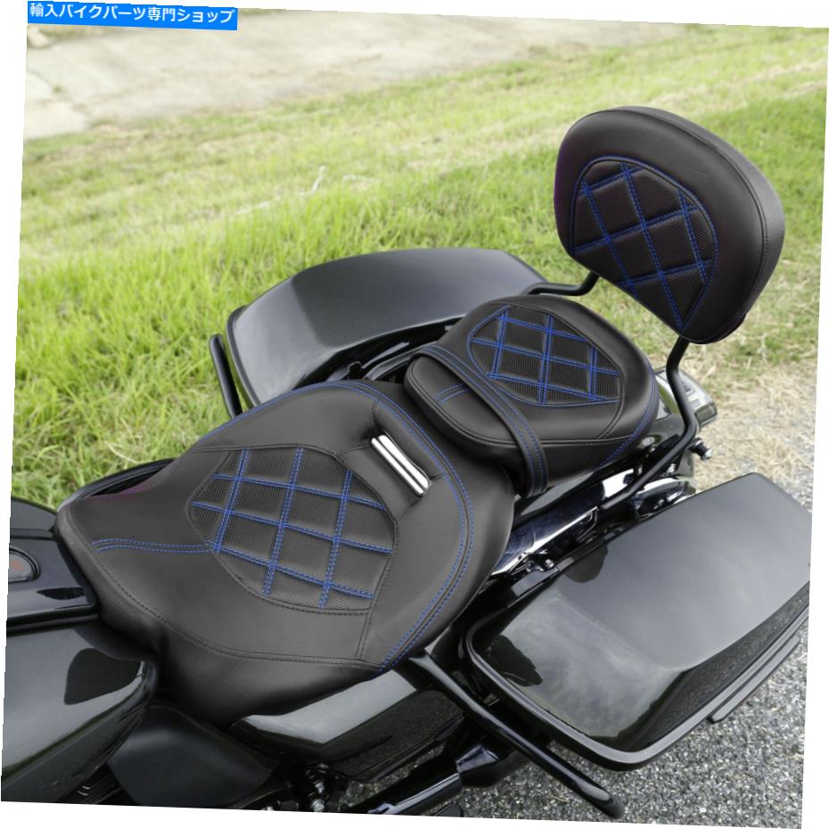 シート ブラックブルードライバーの助手席＆背もたれパッドフィットハーレーツーリング2009-2021 Black Blue Driver Passenger Seat & Backrest Pad Fit For Harley Touring 2009-2021【並行輸入品】