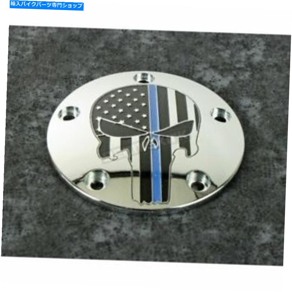 クロームパーツ カスタム彫刻LTD。クロームブルーラインスカルタイミングカバー - LE04-04 Custom Engraving LTD. Chrome Blue Line Skull Timing Cover - LE04-04【並行輸入品】