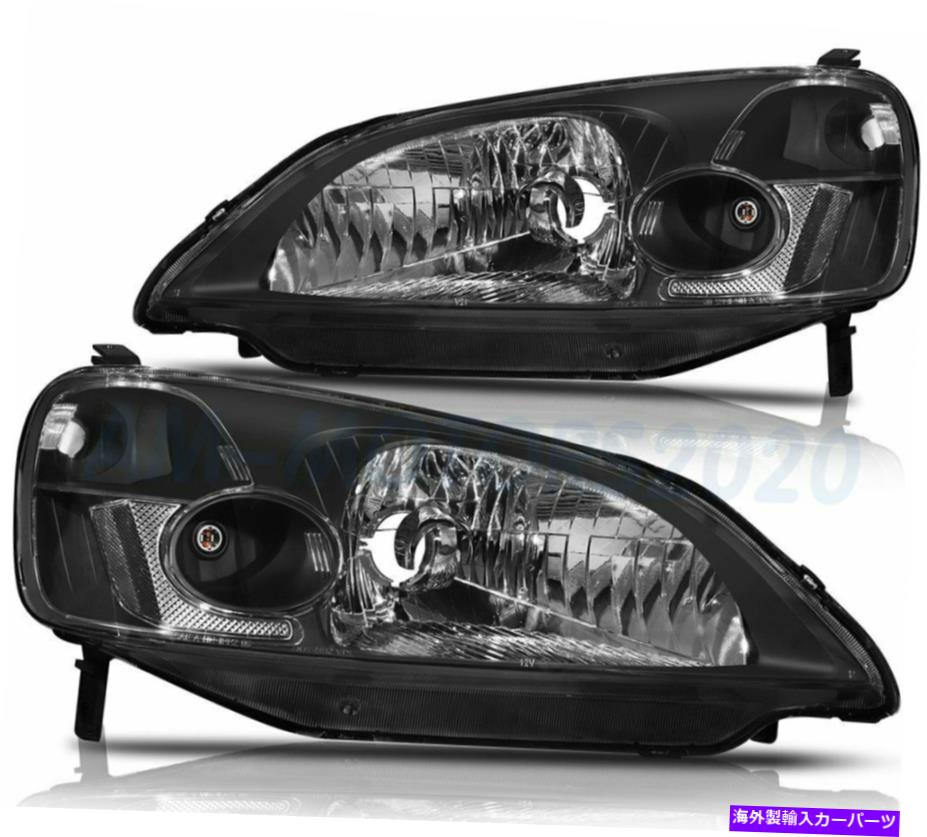 USヘッドライト FITS 2001-2003ホンダシビックブラック交換ヘッドライトアセンブリヘッドランプペア Fits 2001-2003 Honda Civic Black Replacement Headlights Assembly Headlamps Pair【並行輸入品】