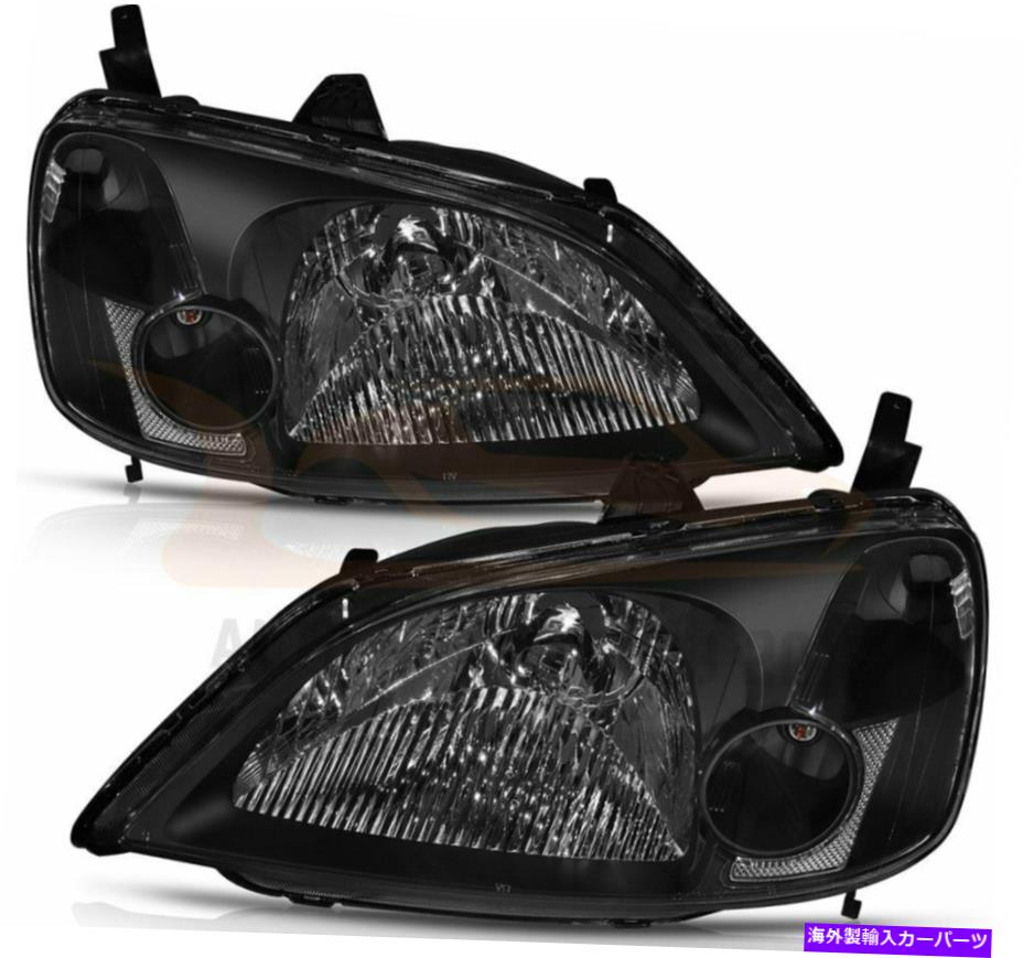 USヘッドライト フィット2001-2003ホンダシビックランプブラックハウジングヘッドライト交換用フロントペア Fits 2001-2003 Honda Civic Lamps Black Housing Headlights Replacement Front Pair【並行輸入品】