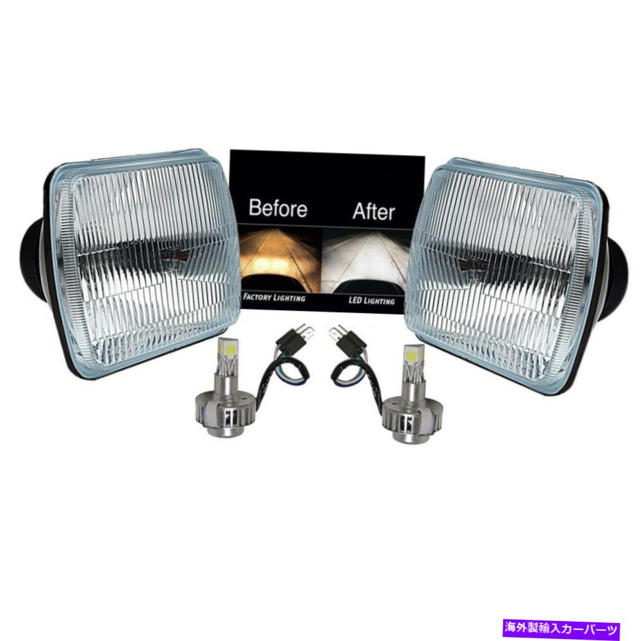 USヘッドライト 7x6在庫スタイルのガラスレンズメタルヘッドライト6000K LED H4電球ヘッドランプペア 7X6 Stock Style Glass Lens Metal Headlight 6000k LED H4 Light Bulb Headlamp Pair【並行輸入品】