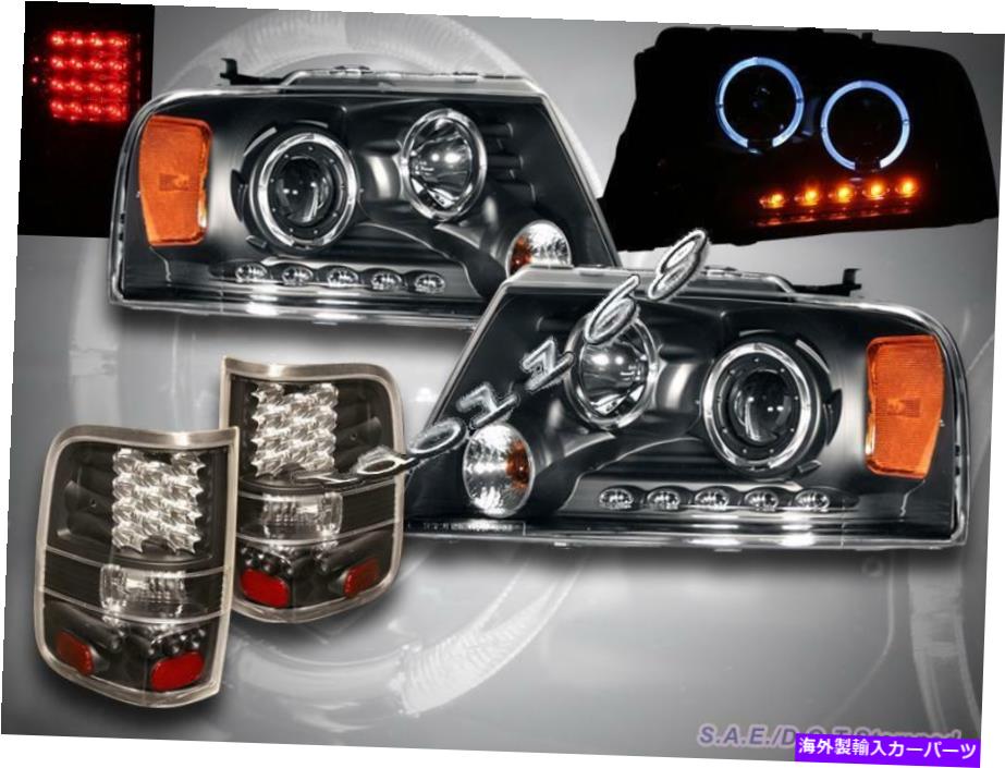 USヘッドライト 04-08フォードF150 2 Halo LEDプロジェクターヘッドライトブラック+ LEDテールライトブラック 04-08 Ford F150 2 Halo LED Projector Headlights Black + LED Tail Lights Black【並行輸入品】