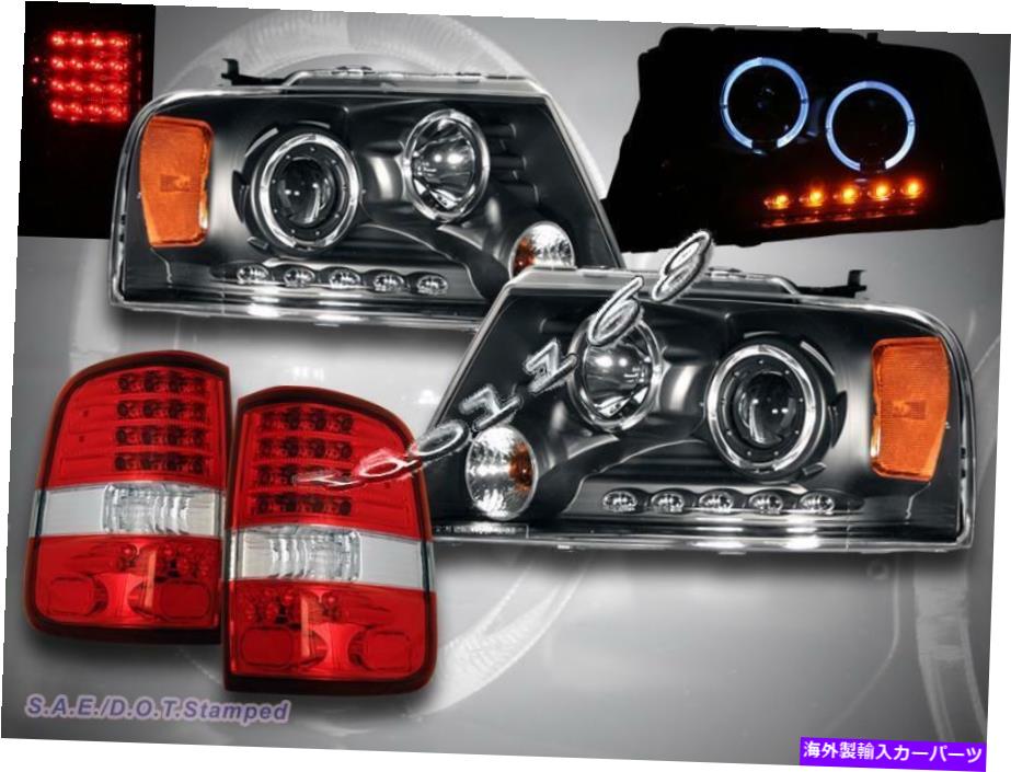 USヘッドライト 04-08フォードF150 2HALO LEDプロジェクターヘッドライトブラック+ LEDテールライト赤クリア 04-08 Ford F150 2Halo LED Projector Headlights Black + LED Tail Lights Red Clear【並行輸入品】