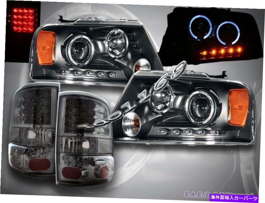 USヘッドライト 04-08フォードF150 2 Halo LEDプロジェクターヘッドライトブラック+ LEDテールライトスモーク 04-08 Ford F150 2 Halo LED Projector Headlights Black + LED Tail Lights Smoke【並行輸入品】