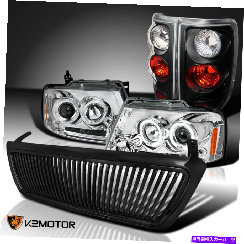 USヘッドライト フィット2004-2008 F150クリアデュアルハロープロジェクターヘッドライト+ブラックテールランプ+グリル Fit 2004-2008 F150 Clear Dual Halo Projector Headlights+Black Tail Lamps+Grille【並行輸入品】