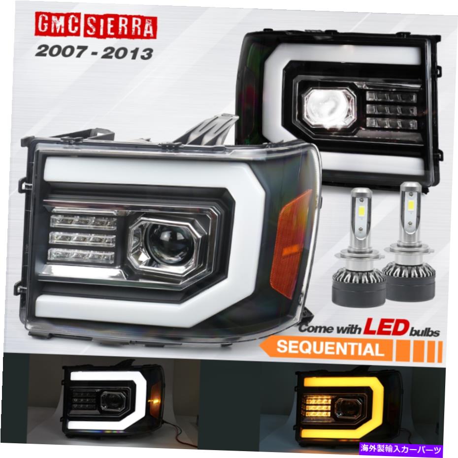 USヘッドライト FIT 2007-2013 Sierra 1500 LED DRL順次黒デュアルプロジェクターヘッドライト Fit 2007-2013 Sierra 1500 LED DRL Sequential Black Dual Projector Headlights【並行輸入品】