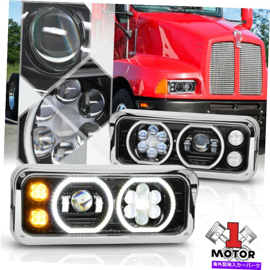 USヘッドライト ブラックハウジングLED DRLデュアルハロープロジェクターヘッドライトランプ81-19ピータービルト Black Housing LED DRL Dual Halo Projector Headlight Lamps for 81-19 Peterbilt【並行輸入品】