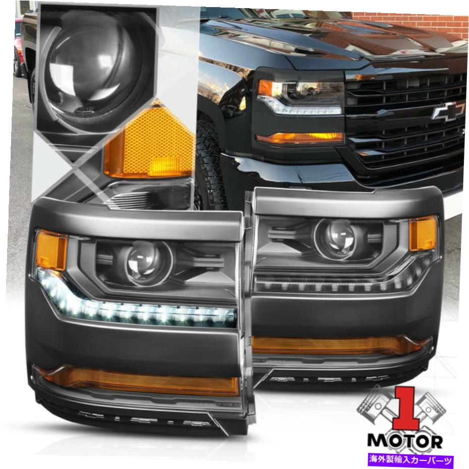 USヘッドライト 黒/アンバーLED DRL HIDプロジェクターヘッドライトランプ16-19シボリーSilverado 1500 Black/Amber LED DRL HID Projector Headlight Lamp for 16-19 Chevy Silverado 1500【並行輸入品】