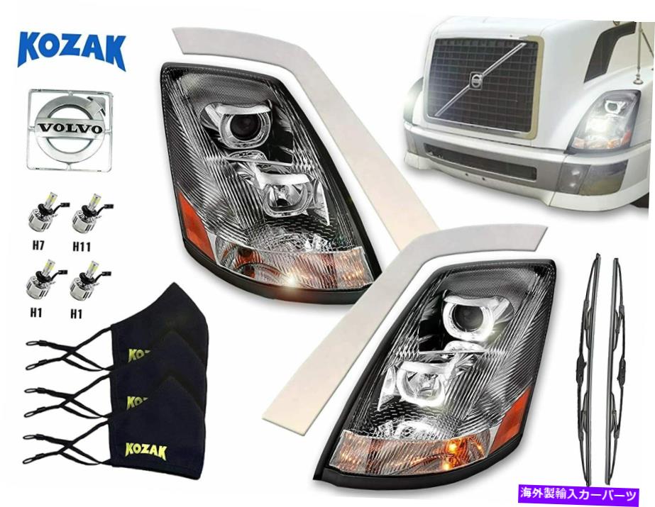 USヘッドライト LEDハロス+ロゴ、電球、トリム、フェイスマスク、ワイパー付きボルボVNLクロムヘッドライト Volvo VNL Chrome Headlight with LED Halos + Logo, Bulbs, Trim, Face Masks, Wiper【並行輸入品】