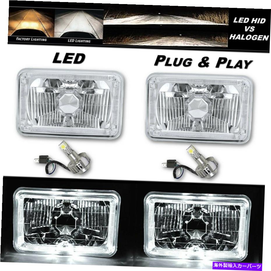 USヘッドライト 4×6ホワイトハローエンジェルアイH4クリスタルクリアヘッドライトヘッドランプW / 6K LED電球ペア 4X6 White Halo Angel Eye H4 Crystal Clear Headlight Headlamp w/ 6k LED Bulb Pair【並行輸入品】
