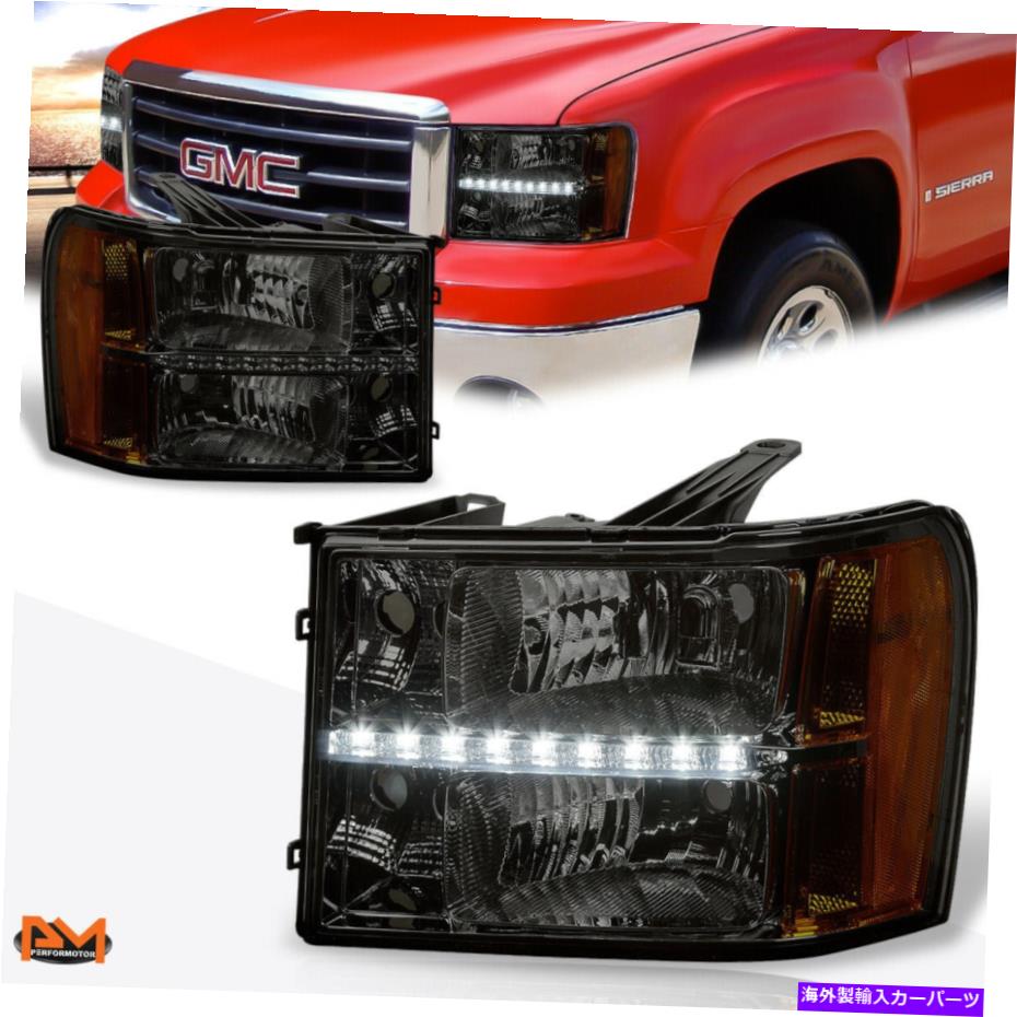 USヘッドライト 07-14 GMC Sierra LED DRLスモークレンズ琥珀色のサイドコーナーヘッドライト/ランプペア For 07-14 GMC Sierra LED DRL Smoked Lens Amber Side Corner Headlight/Lamp Pair【並行輸入品】